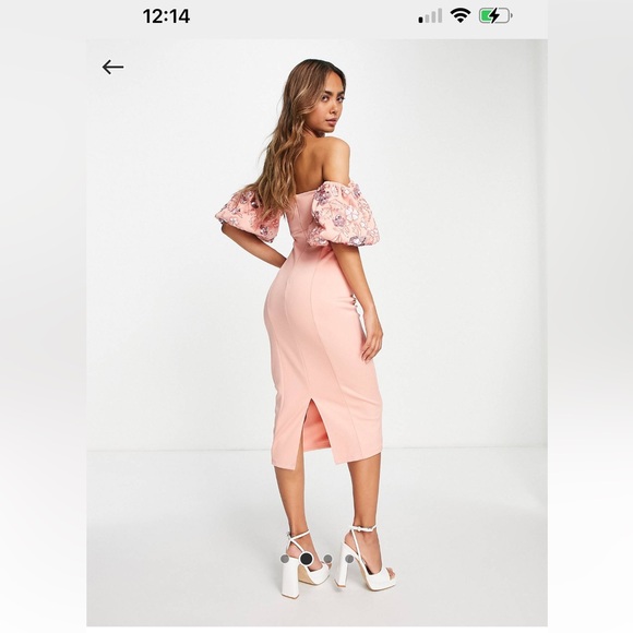 ASOS Bardot puff sleeve midi dress with floral embellishment in pink - Picture 3 of 4